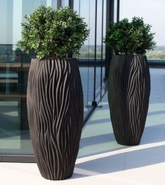 two black vases with plants in them on the ground