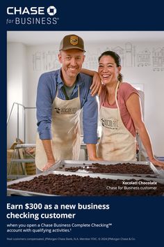 a man and woman standing in front of a tray of coffee beans with the words earn $ 600 as a new business checking customer