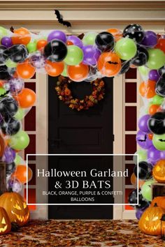 halloween garland and balloons with pumpkins on the front door for an entrance to a house