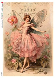 an old fashion illustration of a fairy holding a flower in her hand and wearing a pink dress