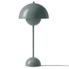 a gray lamp with a white base and a light bulb on the top of it