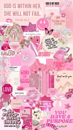 a collage of pink and white images with the words god is within her, she will not fail