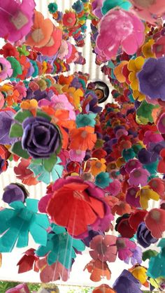 colorful paper flowers are hanging from the ceiling