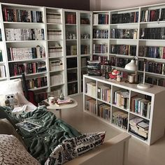 a living room filled with lots of books on top of white shelves next to a couch