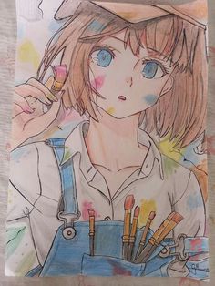 a drawing of a girl with blue eyes holding paintbrushes in her right hand