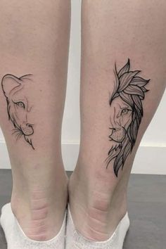 two people with tattoos on their legs, one has a fox and the other is a wolf