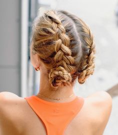 Sleek Dutch Braids into Small Buns Boxing Hairstyles Braids, Updos For Workouts Gym Hair, Meet Day Hairstyles, Gymnastics Braids, Gymnastic Hairstyles For Kids, Boxing Hairstyles, Dance Hairstyles Competition, Boxing Braids