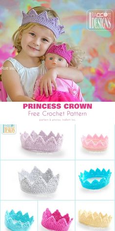 the princess crown crochet pattern is shown in several different colors and sizes, including pink