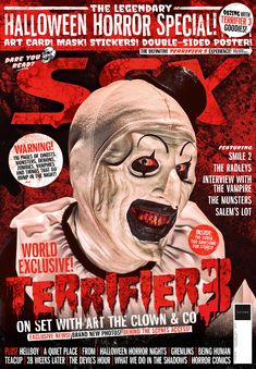 a magazine cover with an evil clown on the front and back covers in red, white and black