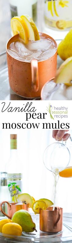 a pitcher of pear moscow mules with lemon wedges