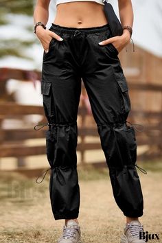 Bjux - Pantalones clásicos con cordón de color sólido en negro - Casual, corte normal y cintura alta Drawstring Trousers, Chic Type, Utility Pants, Leggings Casual, Pocket Leggings, Casual Trousers, High Waisted Trousers, Black Casual, Straight Leg Pants