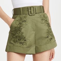 New Without Tags: Self-Portrait Green Belted Shorts Cuffed Twill Fabric Fabric: Mid-Weight, Non-Stretch Twill Embroidered Floral Embellishments Hook-And-Eye At Waist, Zip Fly Optional Self-Belt Slant Hip Pockets Fixed Cuffs Shell: 100% Cotton Size Us8, Never Worn, No Tags. 30” Waistband, 13” Rise. Bin: Tg Luxury Short Bottoms With Elastic Waistband, Chic Cheap Short Leg Bottoms, Women Short Pants Suits, Luxury Knee-length Cocktail Bottoms, Short Square Pants, Luxury Workwear Bottoms With Built-in Shorts, High Waisted Shorts For Women, Elegant Luxury Bottoms With Built-in Shorts, Short Short Tops