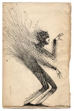 a drawing of a man with feathers on his head and arms, standing in the air