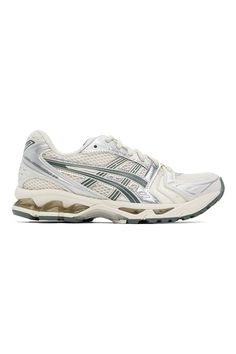 Asics: Off-White & Silver Gel-Kayano 14 Sneakers | SSENSE Dark Pewter, Gel Kayano, Dress Code, Dress Codes, White Silver, Leather Sneakers, Clothing Accessories, Perfect Clothing, Off White