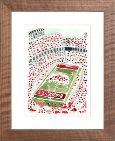 a drawing of a stadium with lots of red and white flowers on it's field