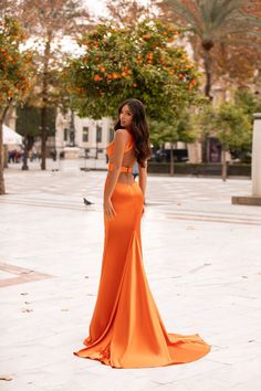 Alondra  - Orange Satin Mermaid Gown with Plunge Neck & Cut Out Details Orange Formal Dresses, Alamour The Label, Orange Satin, Sequin Gown, Mermaid Silhouette, Plunge Neckline, Satin Gown, Vibrant Orange, Prom Gown