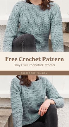 a woman sitting on the steps wearing a blue crochet sweater with text overlay that reads, free crochet pattern grey owl crocheted sweater