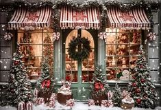 a store front with christmas decorations and wreaths on it's windows sill