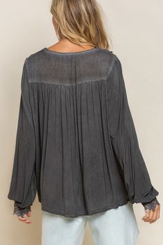 POL Relaxed feminine woven blouse with floral applique embroidery. See through accents, loose puffy sleeves, back pleated shirring, scallop floral applique wrists. V neckline. Stretchy fabric. Casual Romantic, shabby chic. Our most popular top, don't miss this one!Colors: Black, Modern Charcoal (has bluish cast), Romantic TaupeSizes: S-M-L Loose true to size fit. Bust 34-36-38, Length 24-25, fabric is stretchy 94% Rayon, 6% Spandex, hand wash cold, lay flat, importedI6/TKT356A Applique Blouse, Lace Weave, Romantic Shabby Chic, Long Sleeve Floral Top, Long Sleeve Outerwear, Lace Long Sleeve, Applique Embroidery, Puffy Sleeves, Woven Top