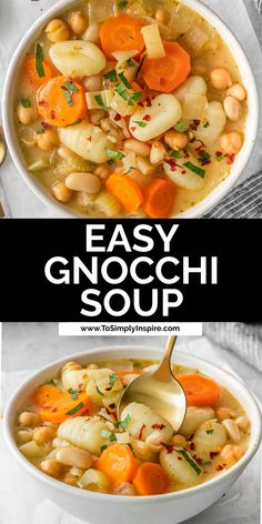 white bowl of gnocchi soup with carrots and white beans. Soup With Potato Gnocchi, Ghonnochi Soup Recipes, Slow Cooker Gnocchi Soup, Gnocchi Soup Vegetarian, Easy Gnocchi Soup, Gnocchi Soup Recipes, Potato Gnocchi Recipes, Chili Homemade, Easy Gnocchi