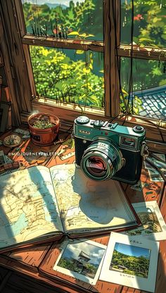 a camera sitting on top of a wooden table next to a map and other items