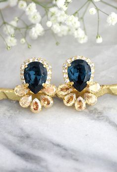 Blue Navy Earrings Navy Blue Earrings Bridal Blue Navy Navy Earrings, Navy Blue Earrings, Blue Champagne, Glamour Nails, Crystal Bridal Earrings, Luxury Earrings, Blue Bridal, Sparkle Jewelry, Swarovski Crystal Earrings