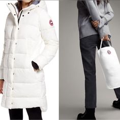 Designed For Warmth With Convenience, The Alliston Down Coat From Canada Goose Packs Into Its Own Pocket So We Never Have To Go Without It. We're Huge Fans Of How It Lofts To Trap In Your Body Heat On Cold Days, And Is Strategically Paneled To Keep You Moving Freely And Comfortably, From Trail To Town. Size: M Color: Northstar White New With Tag Versatile White Outerwear With Pockets, White Spring Travel Outerwear, White Long Sleeve Travel Outerwear, White Long Sleeve Outerwear For Travel, White Outerwear For Travel In Fall, Body Heat, North Star, Down Coat, Canada Goose