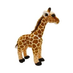 a stuffed giraffe is standing in front of a white background and it's head turned to the side