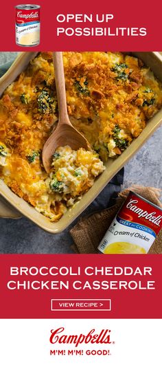 broccoli cheddar chicken casserole is shown with a wooden spoon