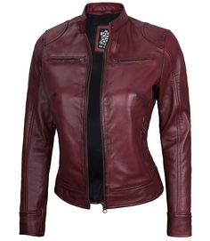 Maroon Leather Jacket For Women
A stylish and versatile maroon leather jacket. Featuring the zipper closure in the front, including a snap button upright collar, this jacket will be a stylish addition to your wardrobe.
Four pockets in front including 2 pockets on the chest will help to secure treasured things such as ID and keys when you are on a quick errand.

You'll feel extra comfort & warmth in this elegant leather jacket. Either for bike riding or casual outings, try it over a simple tee and jeans for cool casual looks, or dress it up with a fitted skirt and tights for a chic look, it's all your choice. Elegant Leather Jacket, Asymmetrical Leather Jacket, Racer Leather Jacket, Red Jackets, Fitted Biker Jacket, Maroon Leather Jacket, Leather Shorts Women, Leather Jacket For Women, Cafe Racer Leather Jacket