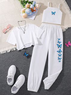 White Casual Collar   Butterfly  Embellished Slight Stretch  Tween Girls Clothing Shein Outfits 11-12, Clothes 12-13, Clothes 11-12, Clothes For 13 Yrs Old Girl, Really Cute Outfits For School, Cute Outfits Shein, Cute Outfits For Kids 10-12, Cute Outfits For Summer, Cute Wardrobe