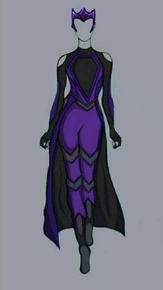 a drawing of a female character in purple and black costume with cat ears on her head