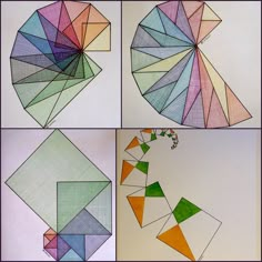 four different pictures showing the process of making an origami kite with colored paper