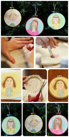 a series of pictures showing how to make handmade christmas ornament ornaments with children's drawings on them