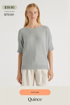 Sweaters  | Quince | Women's Lightweight Cotton Cashmere Link-Stitch Dolman Sweater in Heather Grey, Size Small, Organic Cotton Silk Pajamas Shorts, Dolman Sweater, Boyfriend Cardigan, Dolman Sleeve Sweater, Silk Pajamas, Pajama Shorts, Cotton Sweater, Dolman Sleeve, Quince