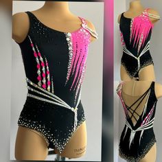 two pictures of a woman's black and pink leotard