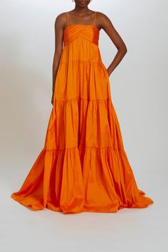 Taffeta ruched bodice trapeze gown with gathered tier skirt. Pockets in skirt. Shown in Tangerine. Cocktail Beach Wedding Attire, Taffeta Gathered Skirt, Orange Wedding Guest Dress, Coral Dress Wedding, Subtle Glam, Orange Gown, Amsale Dress, Wedding Hairstyles Bridesmaid, Dress Code Wedding