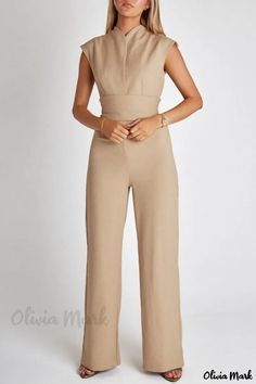 Olivia Mark - Classic Black Solid Patchwork V Neck Jumpsuits for a Polished Casual Look Fitted Sleeveless Khaki Jumpsuits And Rompers, Khaki Sleeveless Jumpsuits For Work, Khaki Sleeveless Jumpsuits And Rompers For Workwear, Sleeveless Khaki Jumpsuits For Work, Fitted Beige Jumpsuits For Workwear, Fitted Beige Jumpsuit For Work, Beige Fitted Jumpsuit For Work, Long Pant Jumpsuit, 70’s Style