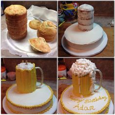 there are four pictures of cakes and mugs on the cake stand, one is made to look like beer