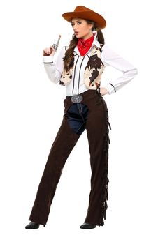 PRICES MAY VARY. Size: X-Small PRODUCT INCLUDES: This polyester and faux suede Western Cowgirl costume includes a shirt, vest, chaps, hat, bandana, and a belt. FROM THE FUN COMPANY: Our mission is to help give you the best costume experiences possible with our Made By Us costumes! With the combination of great materials and expert construction, this Western Cowgirl costume is certain to give you an adventure to remember. DETAILS THAT MATTER: The fringed chaps, cowhide print vest, and classic cow Western Cowgirl Costume, Cowgirl Chaps, Best Costume, Plus Size Costume, Faux Suede Vest, Cowhide Print, Cowgirl Costume, Halloween Costumes For Teens, Vest Pattern