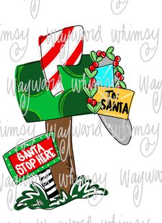 a green mailbox with santa's hat on top and some signs attached to it