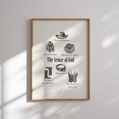 the armor of god is displayed in a wooden frame against a white wall with sunlight streaming through it