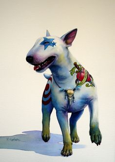 a painting of a dog with tattoos on it's chest and collar, standing in front of a white wall