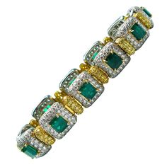 This one of a kind bracelet is a gorgeous combination of sparkle and rich, intense color. 9.63 carats of vibrant green emeralds are set in yellow gold against a glimmering background of white pave diamonds set in platinum. Each domed link contains three rows of seamlessly set diamonds, with a total of 8.57 carats of E color VS2 clarity white diamonds, and 2.47 carats of fancy intense yellow diamonds. The exquisite craftsmanship continues to the decorative lattice back of the bracelet. An excepti Yellow Diamond Bracelet, Eternity Bracelet, Yellow Gold Solitaire Ring, Magnificent Jewels, Bracelet Art, Contemporary Engagement Rings, High Jewellery, Emerald Bracelet, Gems Bracelet