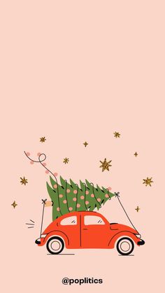 an orange car carrying a christmas tree on top of it's roof in front of a pink background