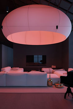 massive, hemispherical suspension lamp by Bart Lens, featuring a translucent white fabric covering. The lamp casts a warm, diffused light, illuminating a circular table and surrounding area. Modern Art Furniture, Chill Decor, Chill Bedroom, Pink Interior Design, Chill Out Room, Retro Interior Design, Dark Interiors, Aesthetic Rooms