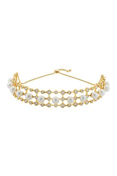 18kt gold plated jaali choker necklace with white shell pearls, cubic zirconia embellishment.
Type: Pearl, Cubic Zirconia
Composition: Brass
Color: White
Other Details: 
Geometric motif
Cutwork detailing
Dimensions (L x W) (in cm): 304 x 25
Weight (in gms): 80
Closure: Bolo
Note: Only the necklace worn by the model is for sale
 - Aza Fashions Elegant Pearl Embellished Choker Jewelry, Luxury Gold Pearl Choker Necklace, Gold Jeweled Pearl Jewelry, Elegant Gold Pearl Choker, Luxury Pearl Chain Choker, Luxury Pearl Chain Choker Jewelry, Luxury Gold Choker For Wedding, Luxury Gold Jeweled Bridal Necklace, Elegant Jeweled Metal Choker