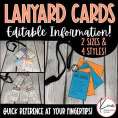 an image of several different ways to use lanyard cards for informational purposes, including 2 sizes and 4 styles