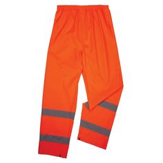 The GloWear 8916 Lightweight Hi-Vis Rain Pants offer protection against wet conditions while ensuring safety. A comfortable elastic waistband means these waterproof work pants can be worn alone or over a base layer, while the pant legs have snap cuffs to easily fit over boots and tightened to keep the wind out. These work rain pants are built for demanding conditions and are made with rugged, yet lightweight waterproof materials (150D polyester oxford material with a polyurethane (PU) coating) and fully taped at the seams for reliable protection in the face of stormy weather. The ANSI/ISEA 107 compliant high visibility polyester fabric and 2 in. reflective tape keeps workers highly visible at night or in low-light conditions. These hi-vis waterproof pants meet ANSI 107 Supplemental Class E Bootleg Pants, Hi Vis Workwear, Pants Drawing, Waterproof Pants, Rain Pants, Reflective Tape, Rain Gear, Cuffed Pants, Base Layer