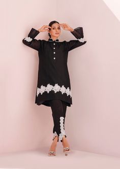 SKU: 3009 Price for Shirt & Trouser 2pc Amp up your style game with our beautifully crafted black soft khadi silk shirt adorned with floral details. This piece comes up with a shamiz. Summer Embroidered Sleeves Straight Kurta Set, Summer Straight Kurta With Embroidered Sleeves, Summer Straight Kurta Set With Embroidered Sleeves, Summer Sets With Embroidered Sleeves And Straight Kurta, Fitted Kurta With Embroidered Sleeves For Spring, Black Semi-formal Spring Set, Black Semi-formal Sets For Spring, Black Sets With Embroidered Sleeves For Eid, Elegant Spring Straight Kurta Tops